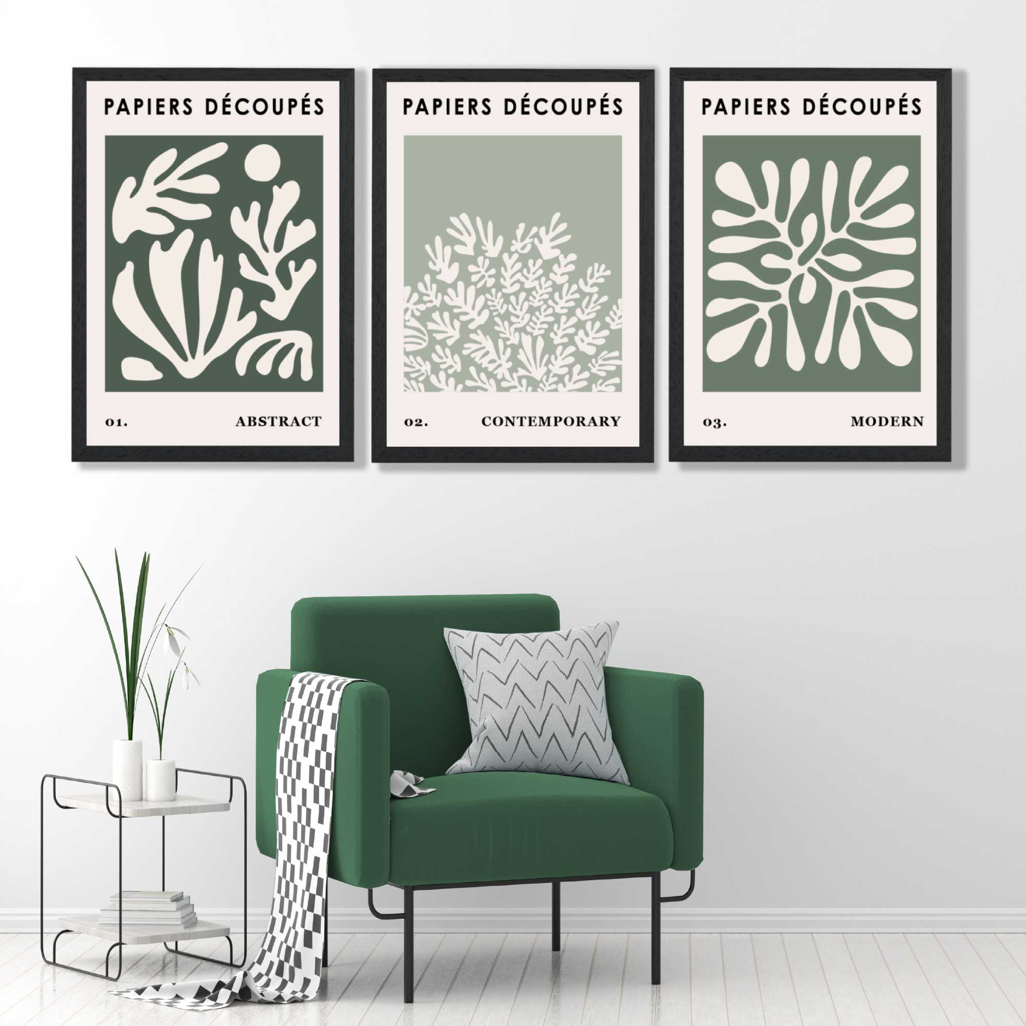Matisse Floral Set of 3 in Green and Sage Art Prints in Luxury Frames | Artze UK