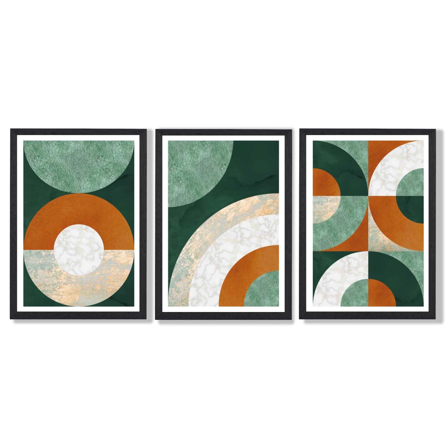 Set of 3 Orange and Green Abstract Framed Art Prints with Black Wooden Frames