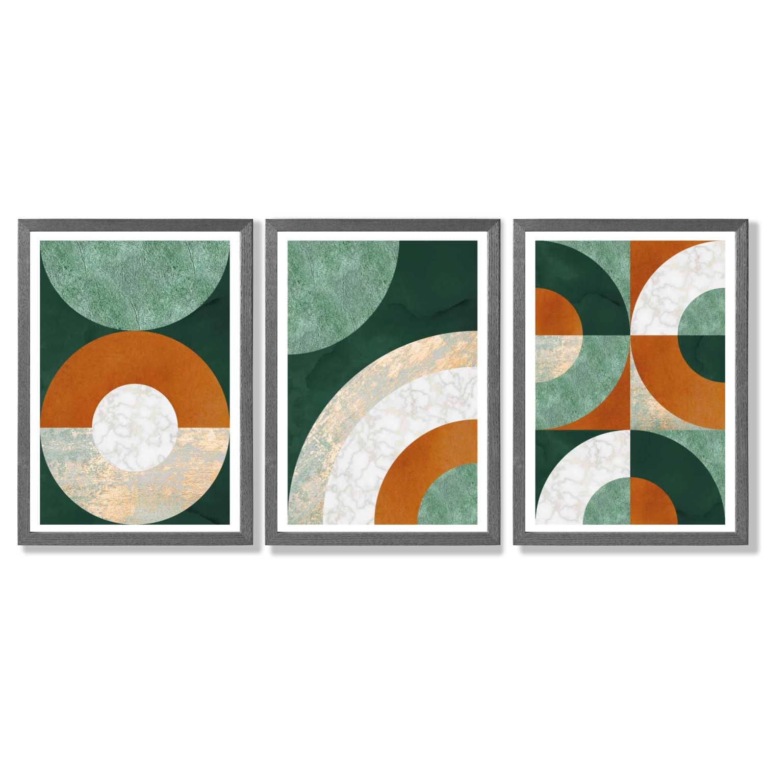 Set of 3 Orange and Green Abstract Framed Art Prints with Dark Grey Wooden Frames