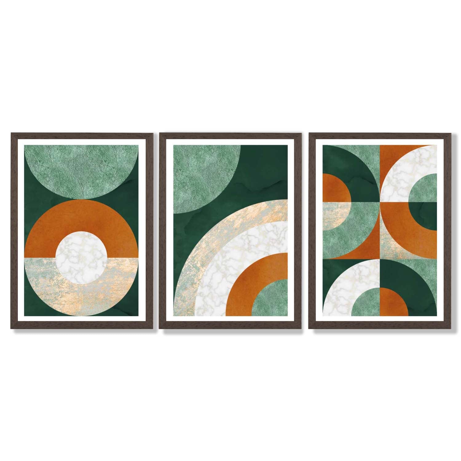 Set of 3 Orange and Green Abstract Framed Art Prints with Dark Wood Frames