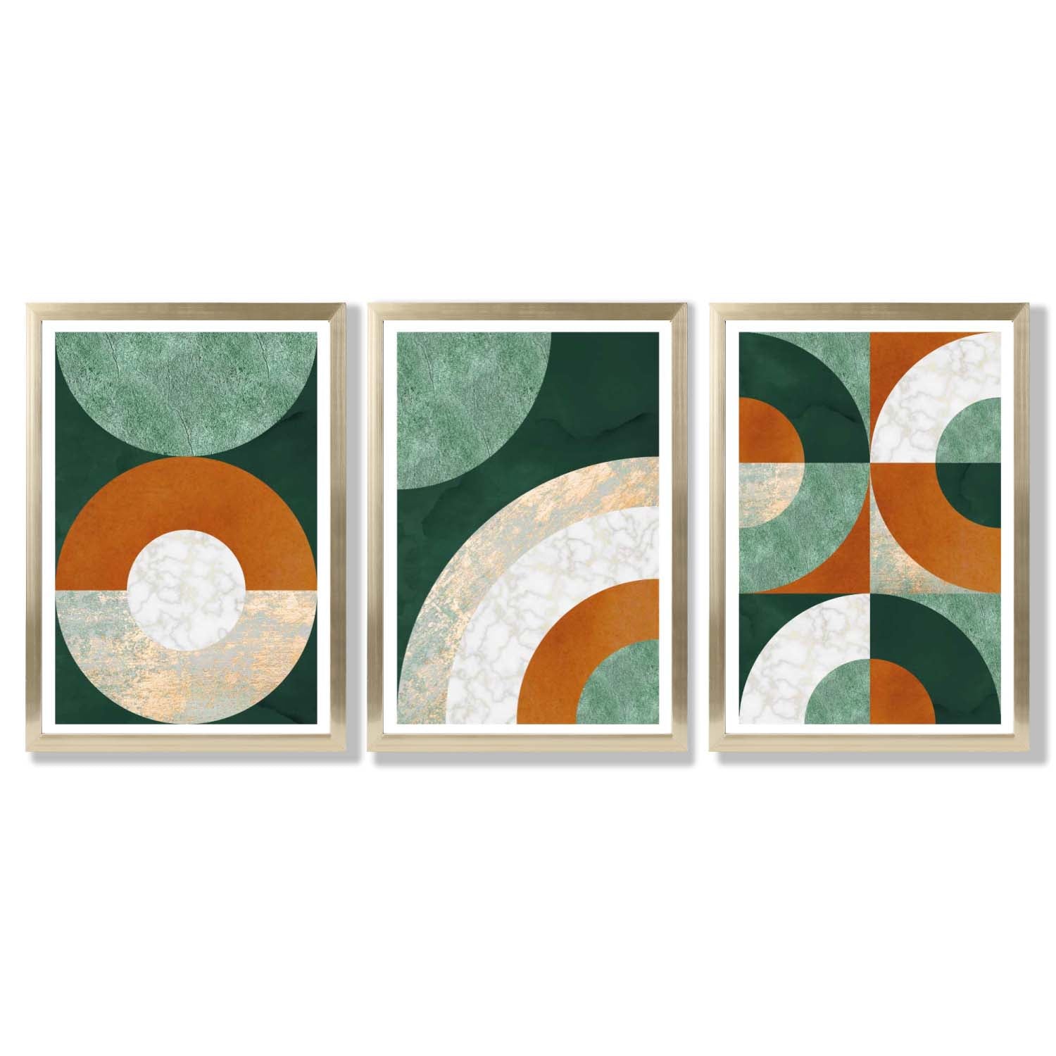 Set of 3 Orange and Green Abstract Framed Art Prints with Gold Wood Frames