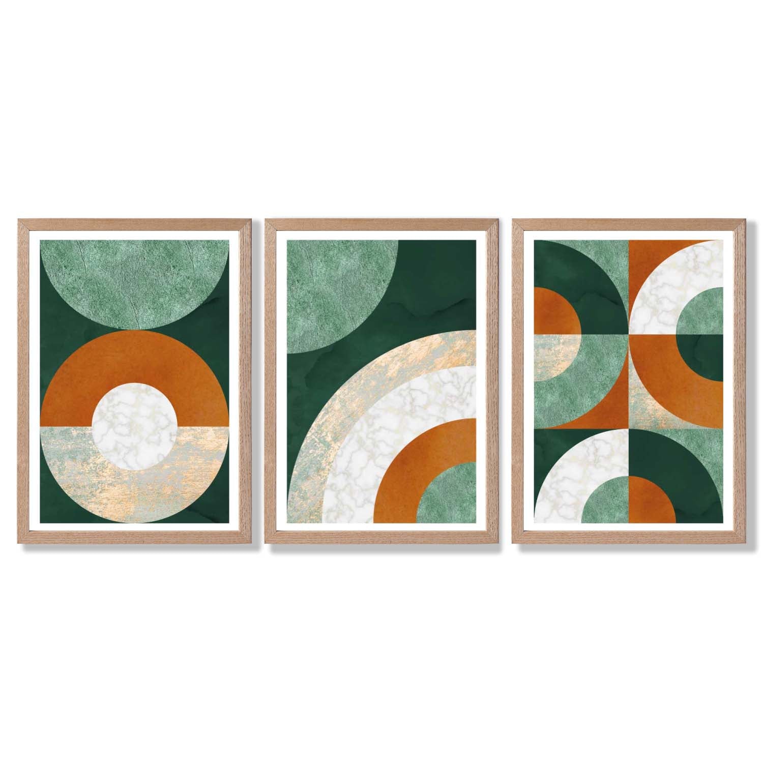 Set of 3 Orange and Green Abstract Framed Art Prints with Light Oak Frames