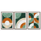 Set of 3 Orange and Green Abstract Framed Art Prints with Light Walnut Frames