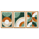 Set of 3 Orange and Green Abstract Framed Art Prints with Oak Wooden Frames