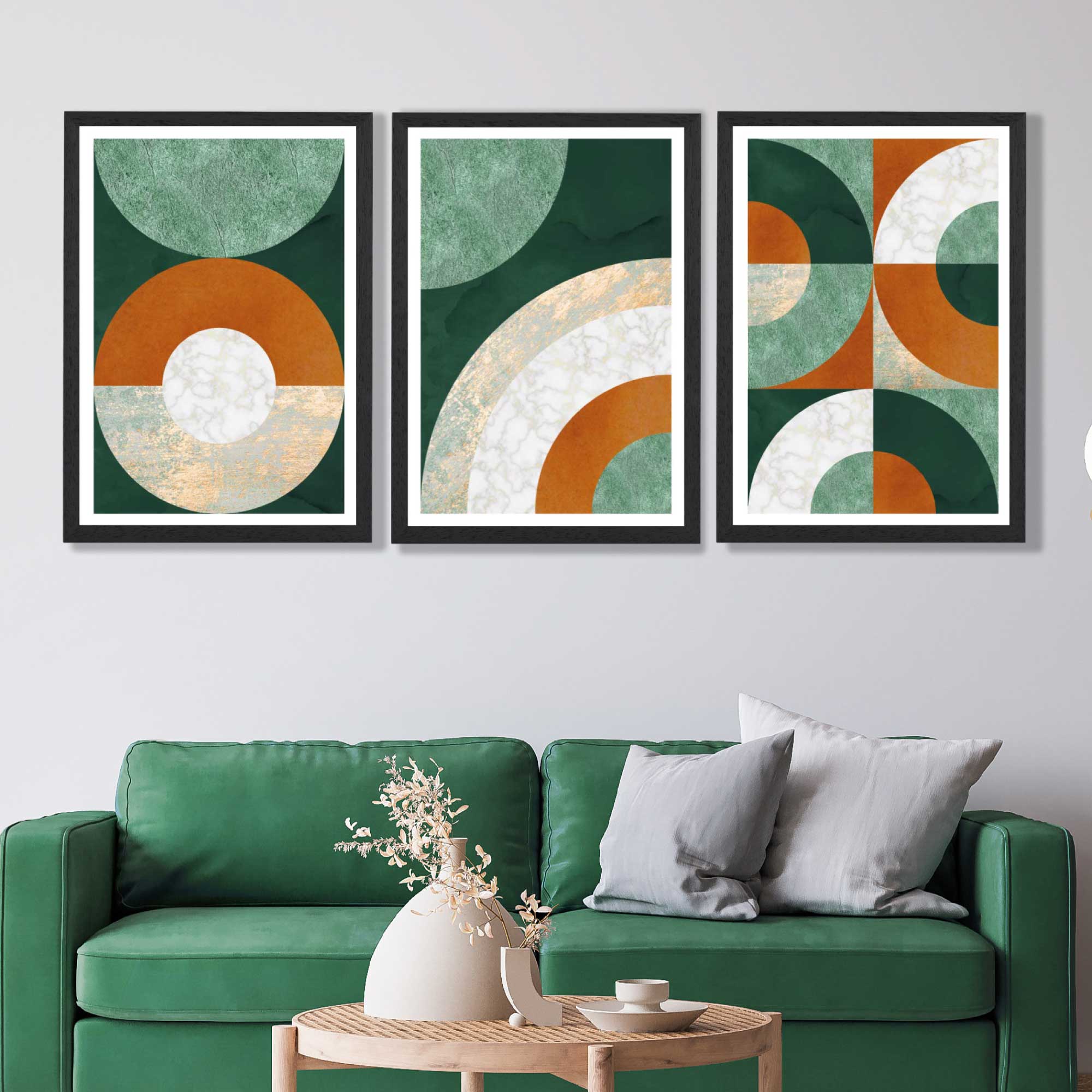 Set of 3 Orange and Green Abstract Art Prints in Luxury Frames | Artze UK