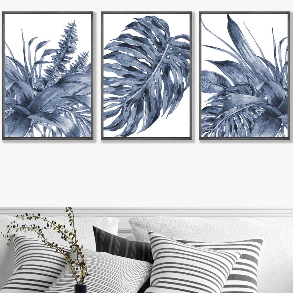 Tropical Leaves Navy Blue Abstract Set of 3 Art Prints