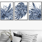 Tropical Leaves Navy Blue Abstract Set of 3 Art Prints