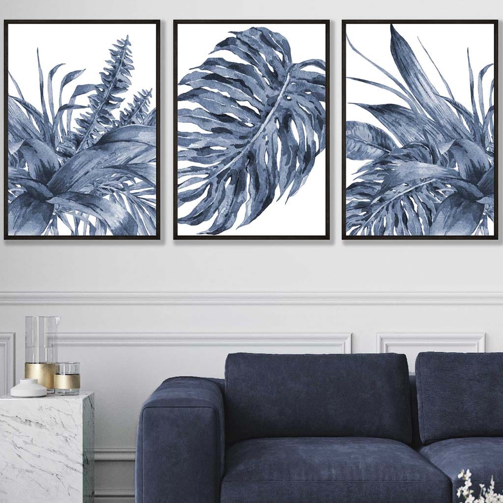 Tropical Leaves Navy Blue Abstract Set of 3 Art Prints