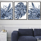 Tropical Leaves Navy Blue Abstract Set of 3 Art Prints