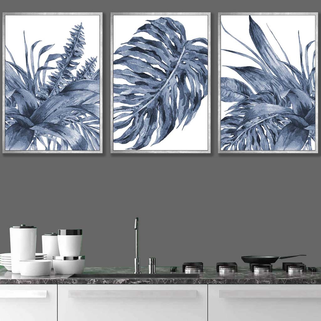 Tropical Leaves Navy Blue Abstract Set of 3 Art Prints