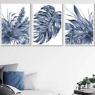 Tropical Leaves Navy Blue Abstract Set of 3 Art Prints