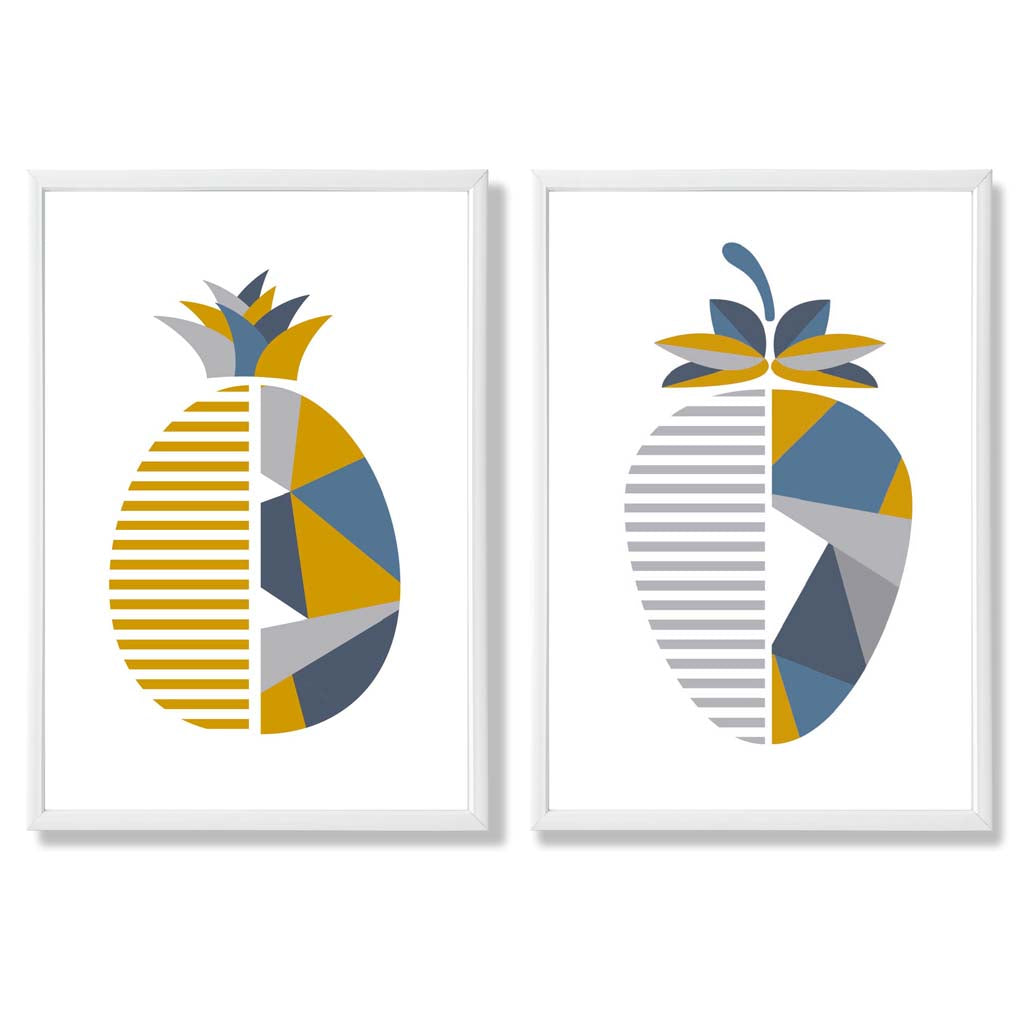 Yellow, Blue Geometric Fruit Pineapple Set of 2 Art Prints with White Frame
