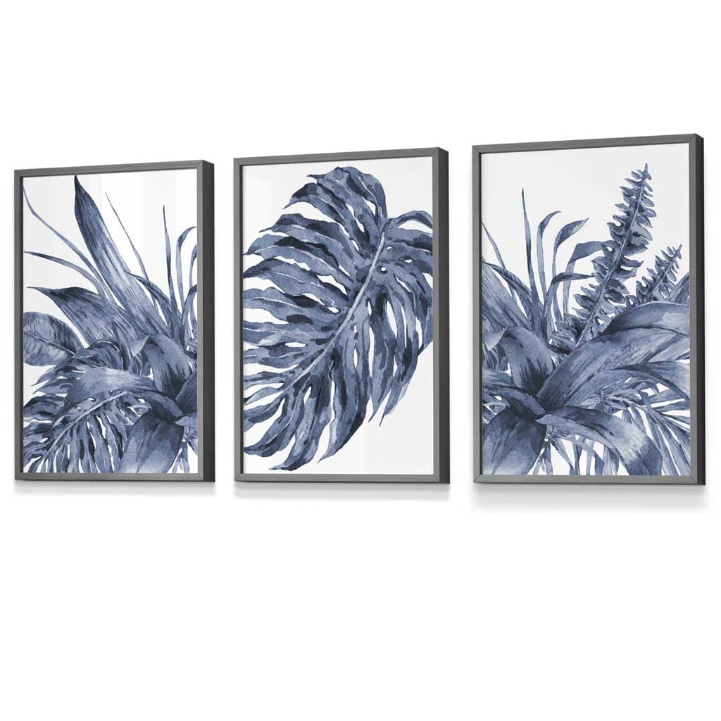 Tropical Leaves Navy Blue Abstract Set of 3 Framed | Artze Wall Art UK