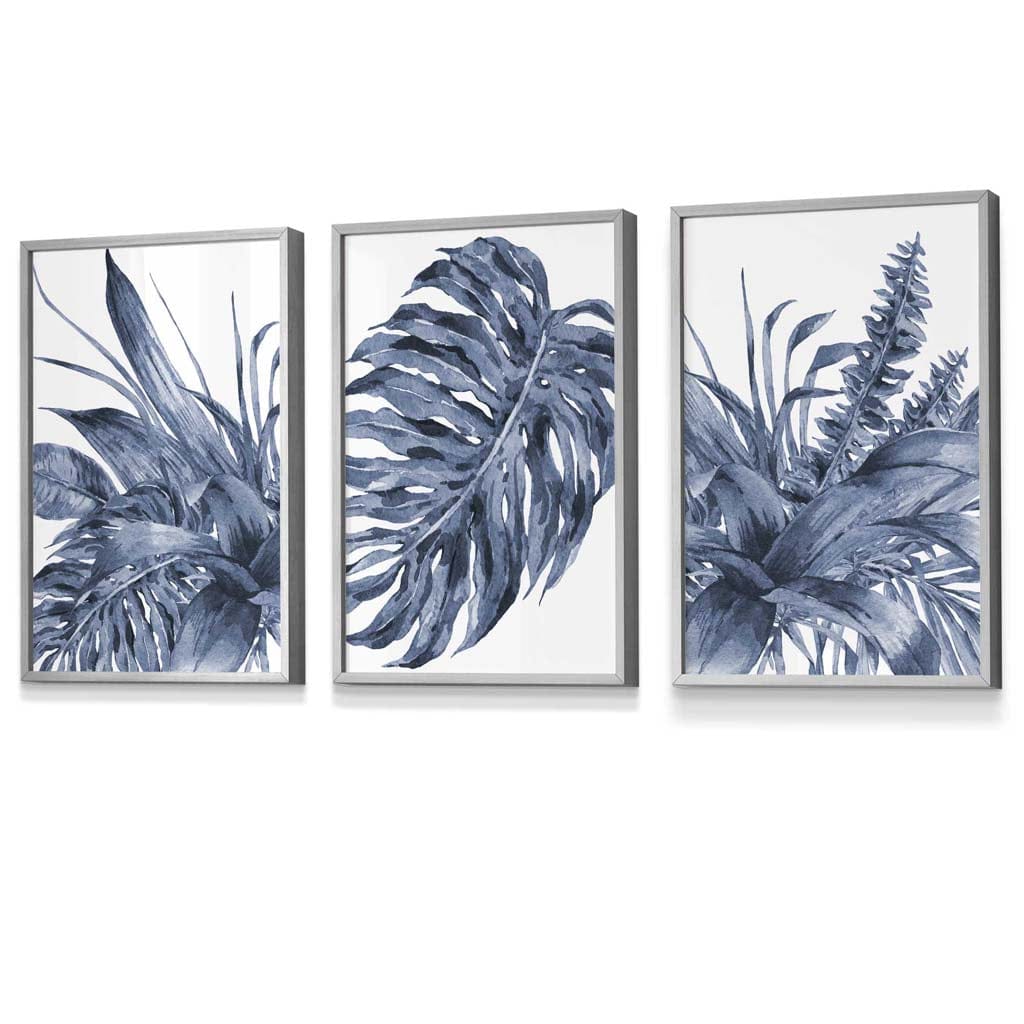 Tropical Leaves Navy Blue Abstract Set of 3 Framed | Artze Wall Art UK