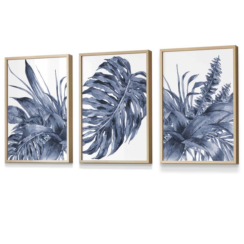 Tropical Leaves Navy Blue Abstract Set of 3 Framed | Artze Wall Art UK