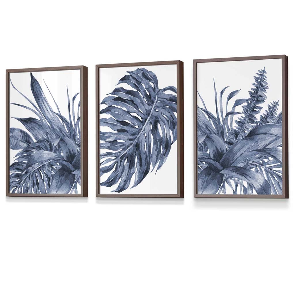 Tropical Leaves Navy Blue Abstract Set of 3 Framed | Artze Wall Art UK