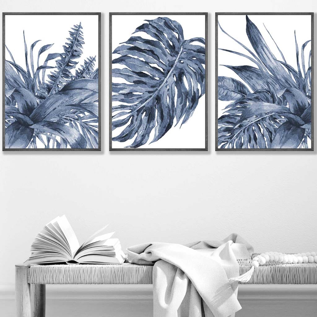 Tropical Leaves Navy Blue Abstract Set of 3 Art Prints