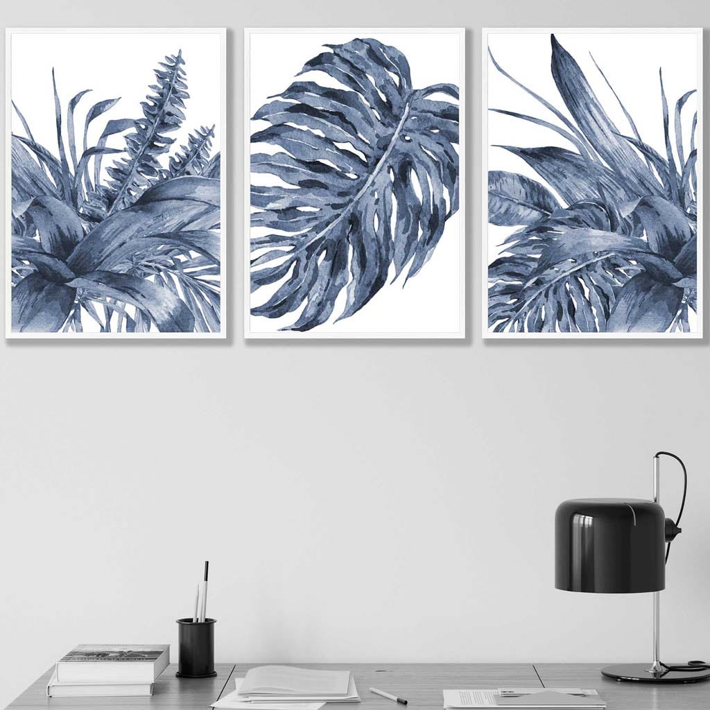 Tropical Leaves Navy Blue Abstract Set of 3 Art Prints