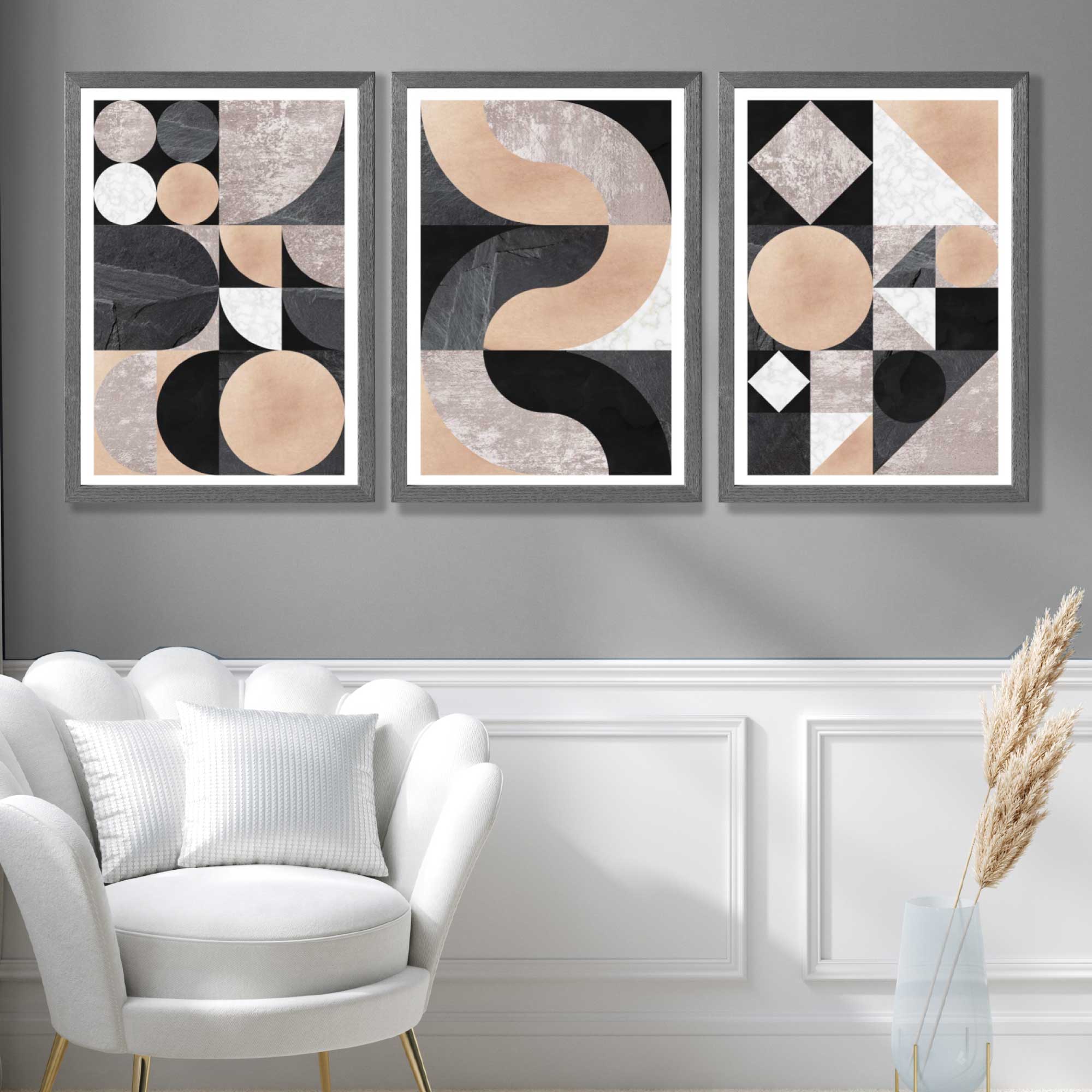Set of 3 Black and Beige Mid Century Art Prints in Luxury Frames | Artze UK