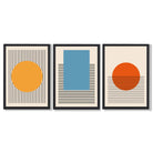 Set of 3 Geometric Yellow Blue Red Framed Art Prints with Black Wooden Frames