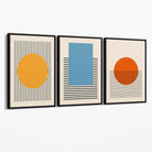 Set of 3 Geometric Yellow Blue Red Canvas Art Prints with Black Float Frame