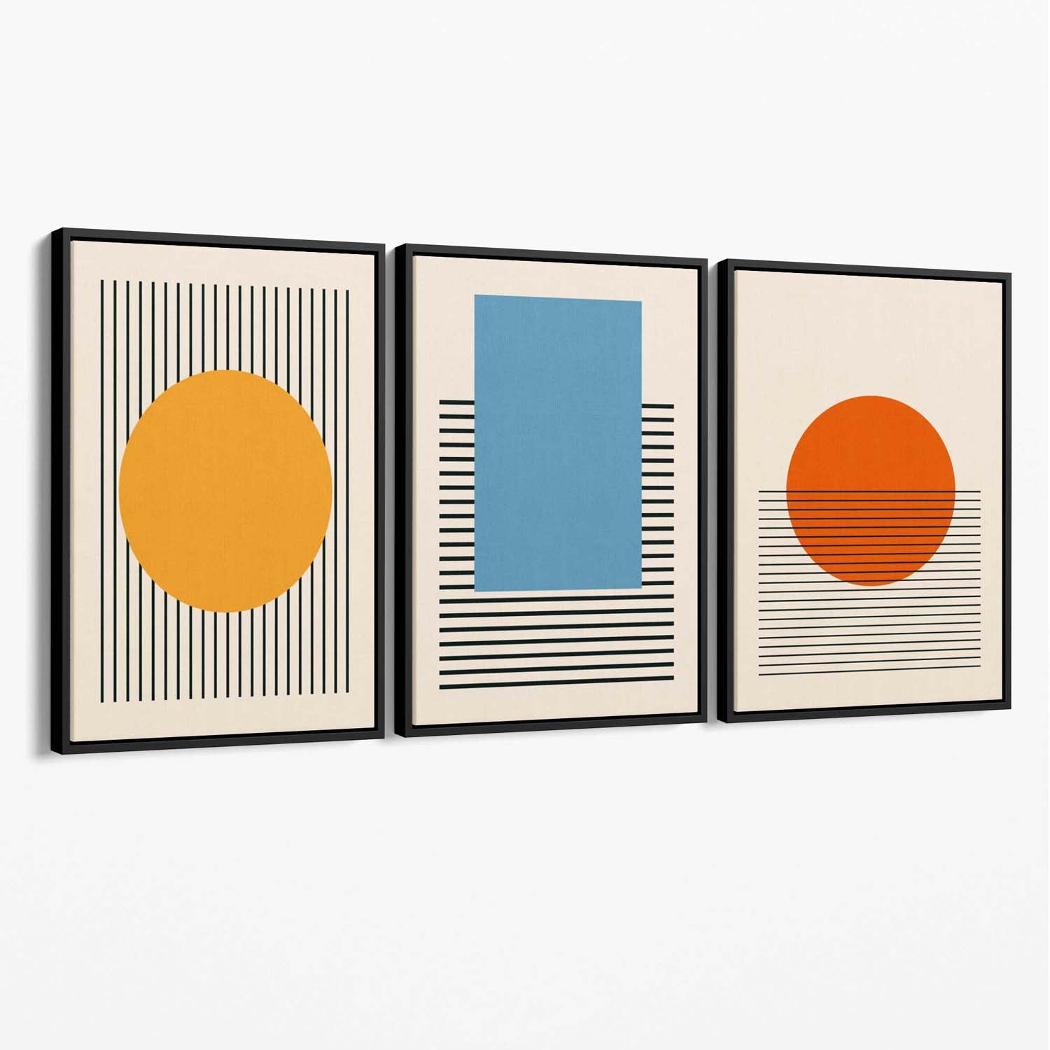 Set of 3 Geometric Yellow Blue Red Canvas Art Prints with Black Float Frame