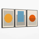 Set of 3 Geometric Yellow Blue Red Canvas Art Prints with Grey Float Frame