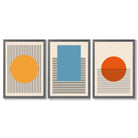 Set of 3 Geometric Yellow Blue Red Framed Art Prints with Dark Grey Wooden Frames