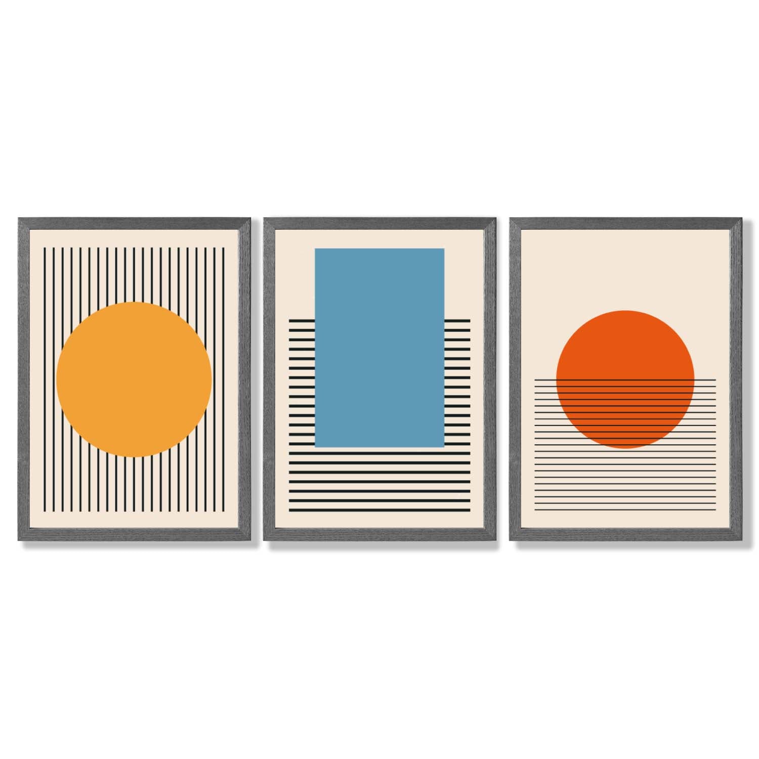 Set of 3 Geometric Yellow Blue Red Framed Art Prints with Dark Grey Wooden Frames