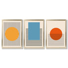 Set of 3 Geometric Yellow Blue Red Framed Art Prints with Gold Wood Frames