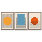 Set of 3 Geometric Yellow Blue Red Framed Art Prints with Light Walnut Frames
