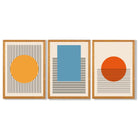Set of 3 Geometric Yellow Blue Red Framed Art Prints with Oak Wooden Frames