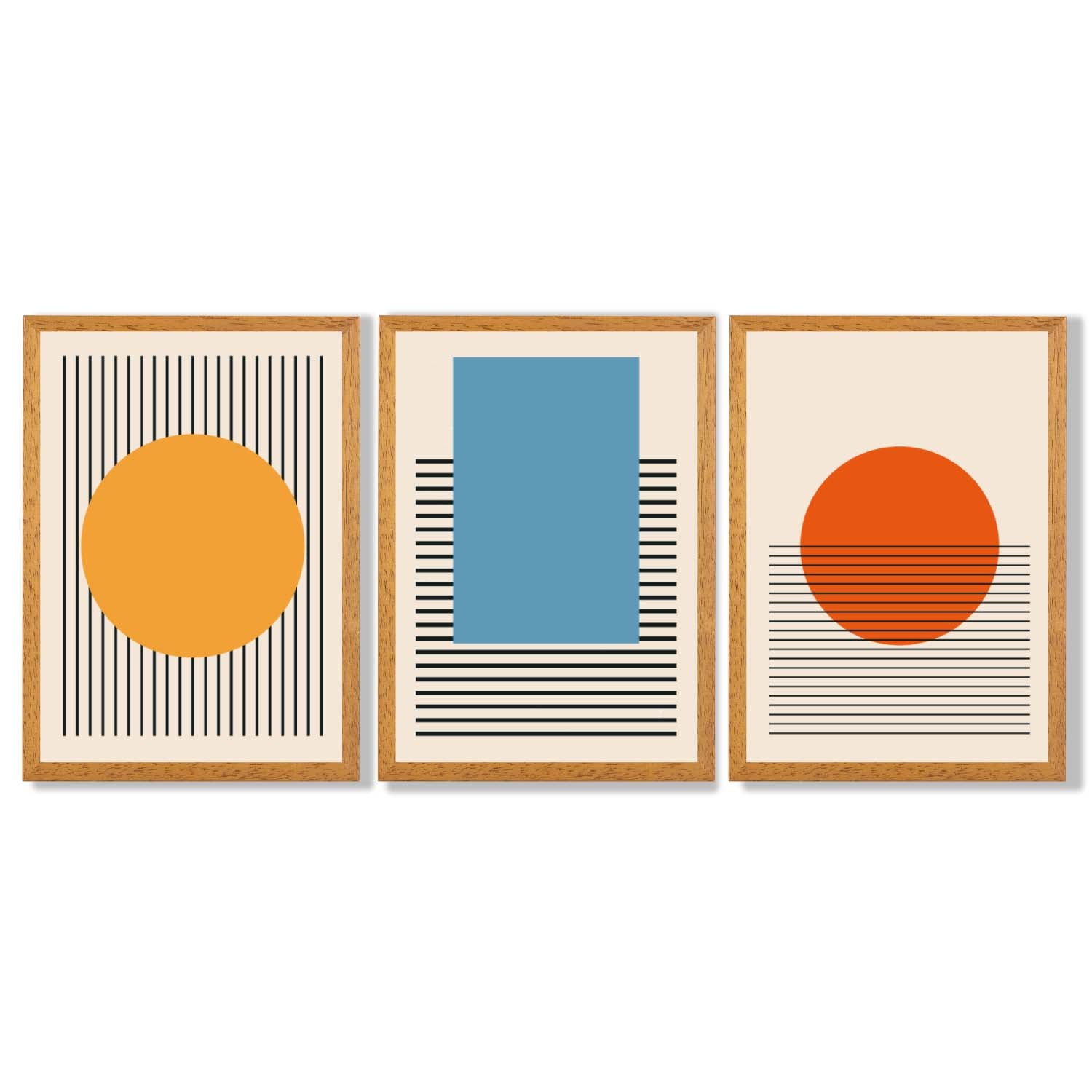 Set of 3 Geometric Yellow Blue Red Framed Art Prints with Oak Wooden Frames