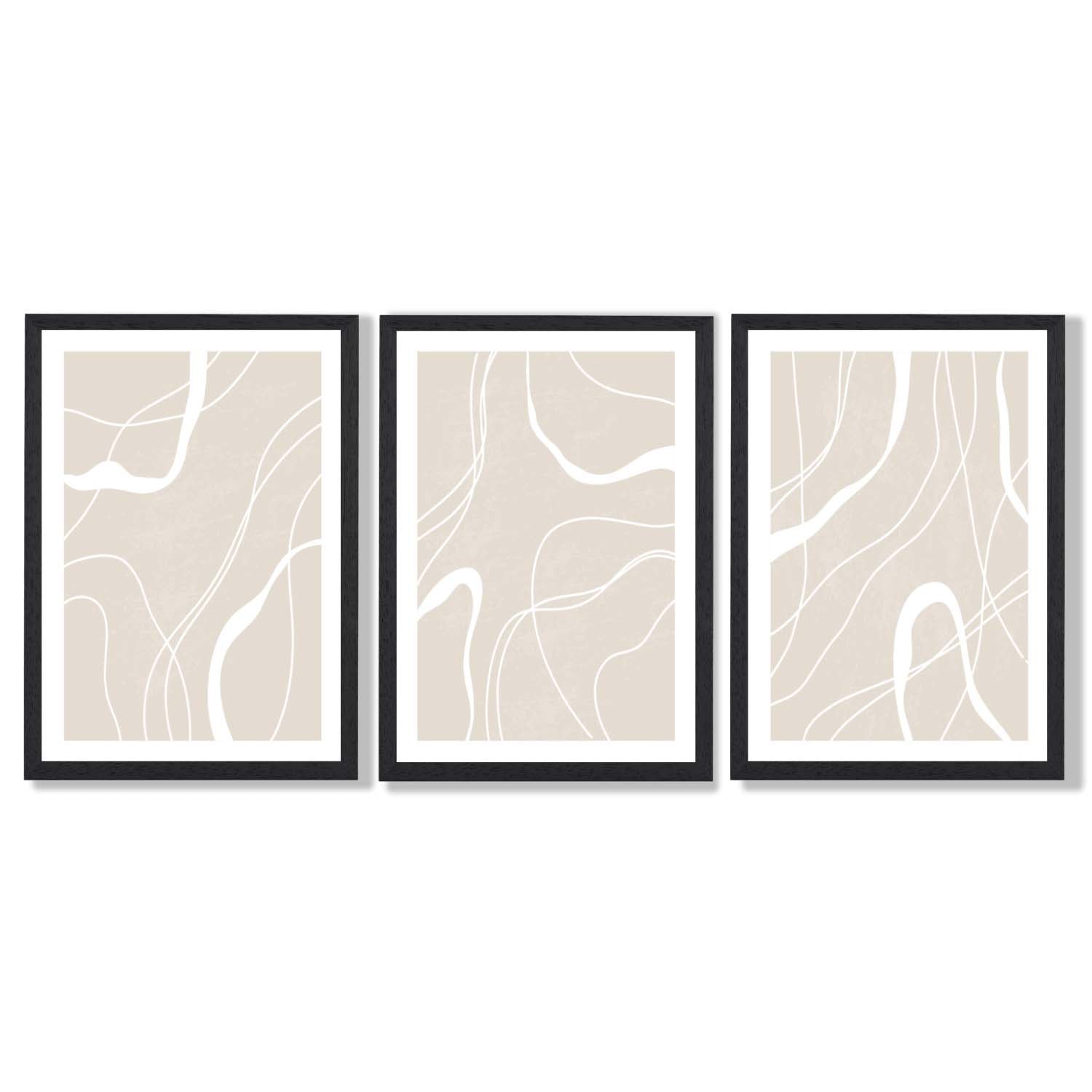 Set of 3 Abstract Neutral Beige Framed Art Prints with Black Wooden Frames