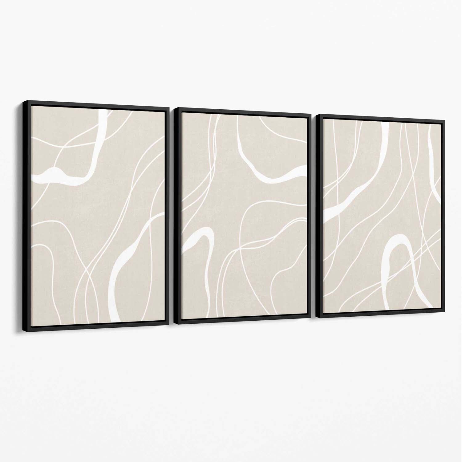 Set of 3 Abstract Neutral Beige Canvas Art Prints with Black Float Frame