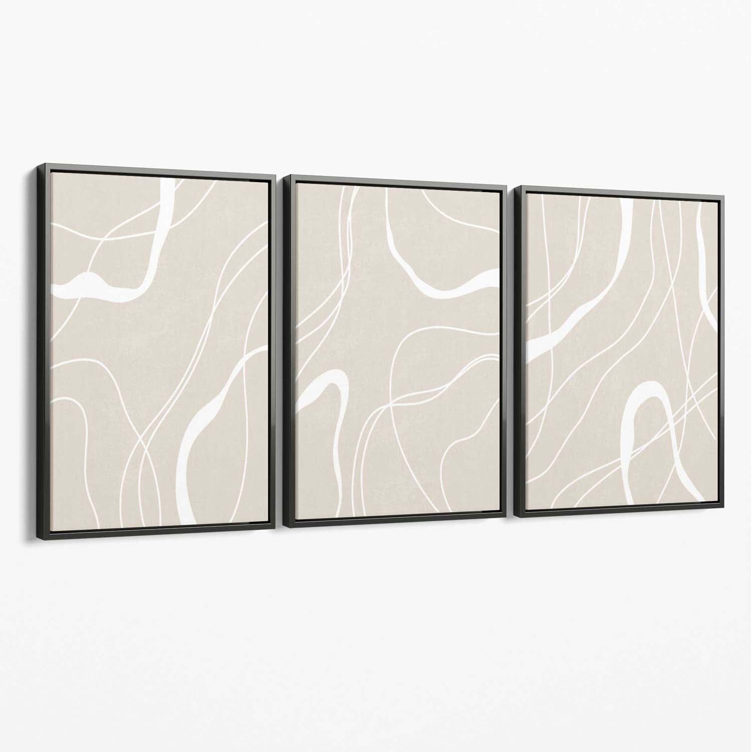 Set of 3 Abstract Neutral Beige Canvas Art Prints with Grey Float Frame