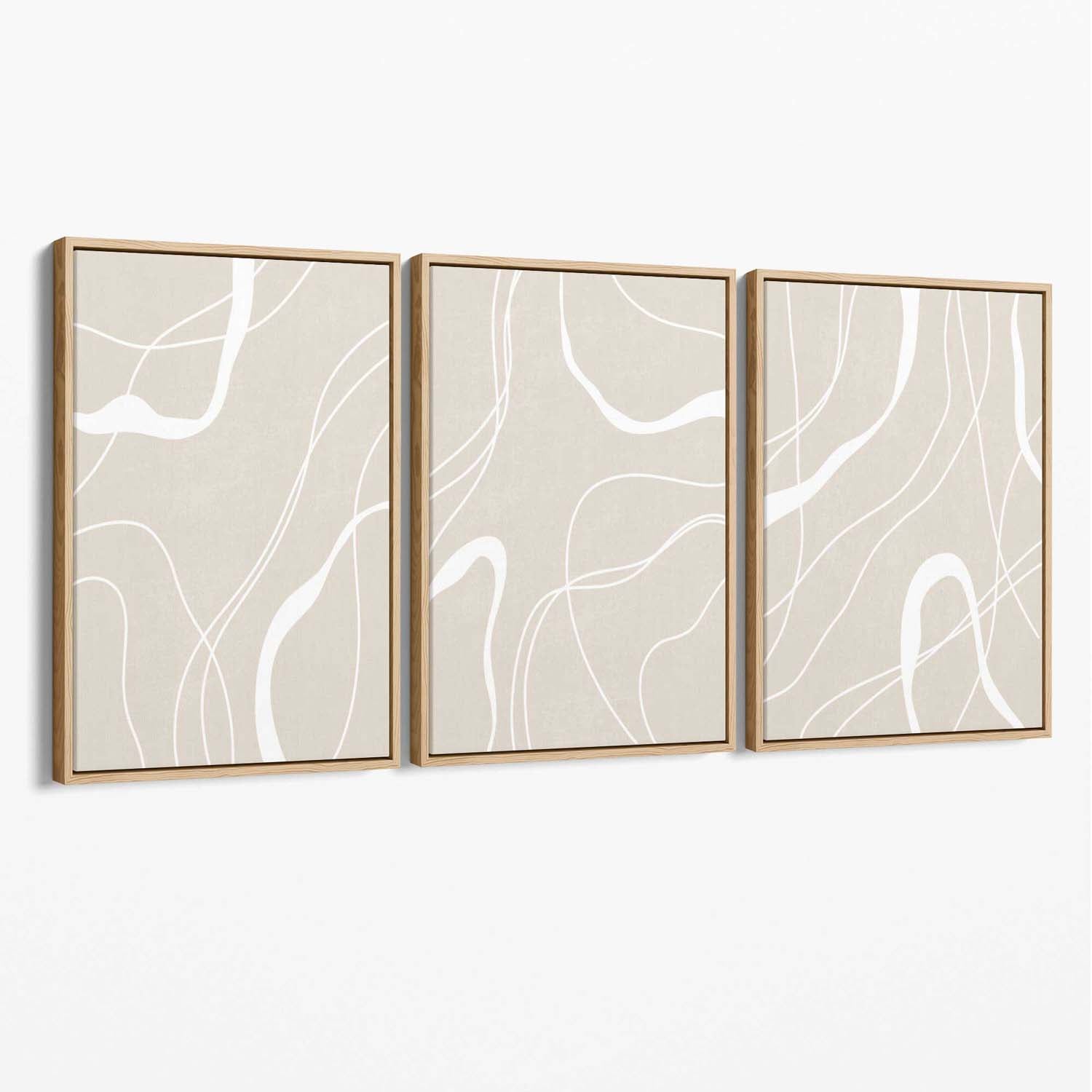 Set of 3 Abstract Neutral Beige Canvas Art Prints with Oak Float Frame