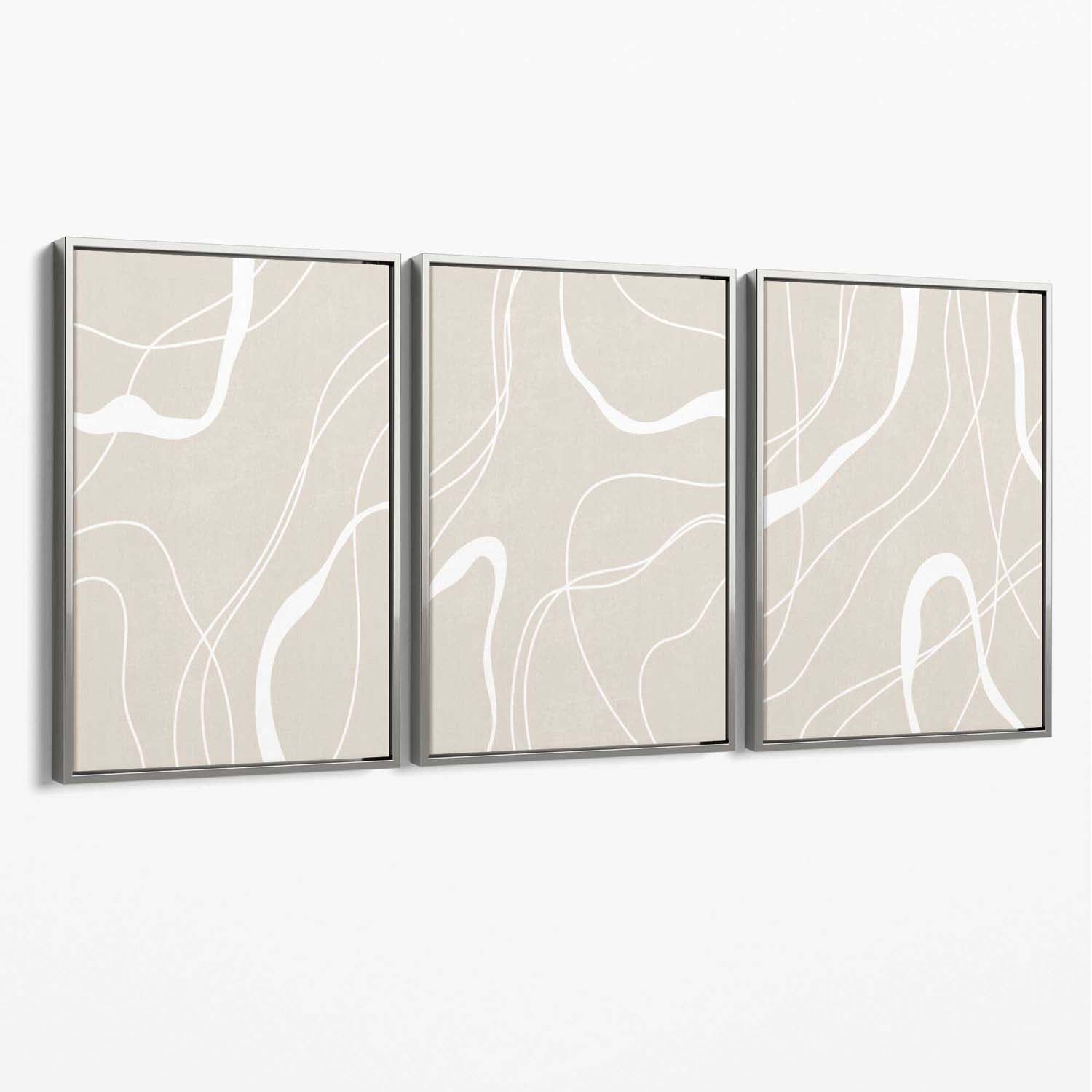Set of 3 Abstract Neutral Beige Canvas Art Prints with Silver Float Frame