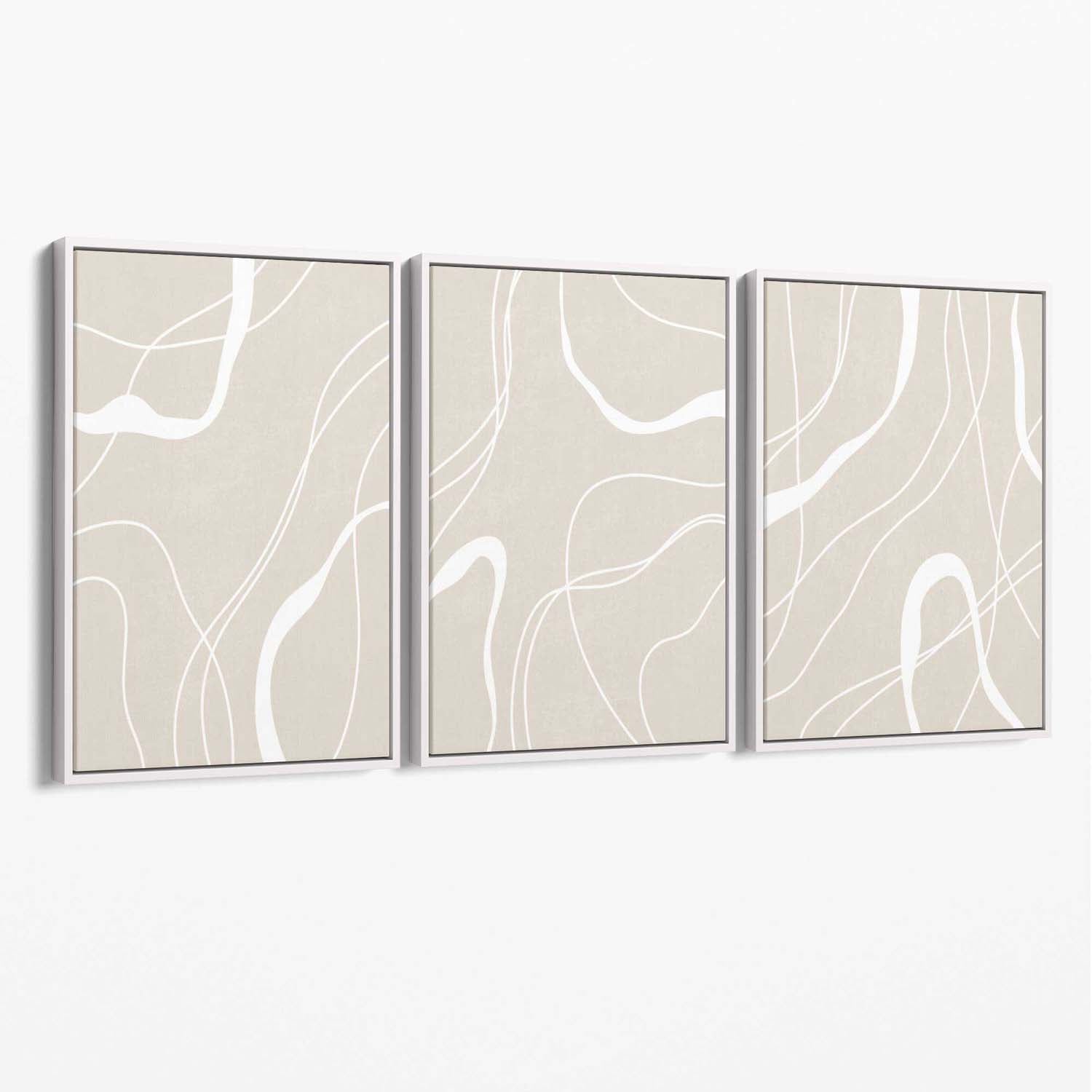Set of 3 Abstract Neutral Beige Canvas Art Prints with White Float Frame