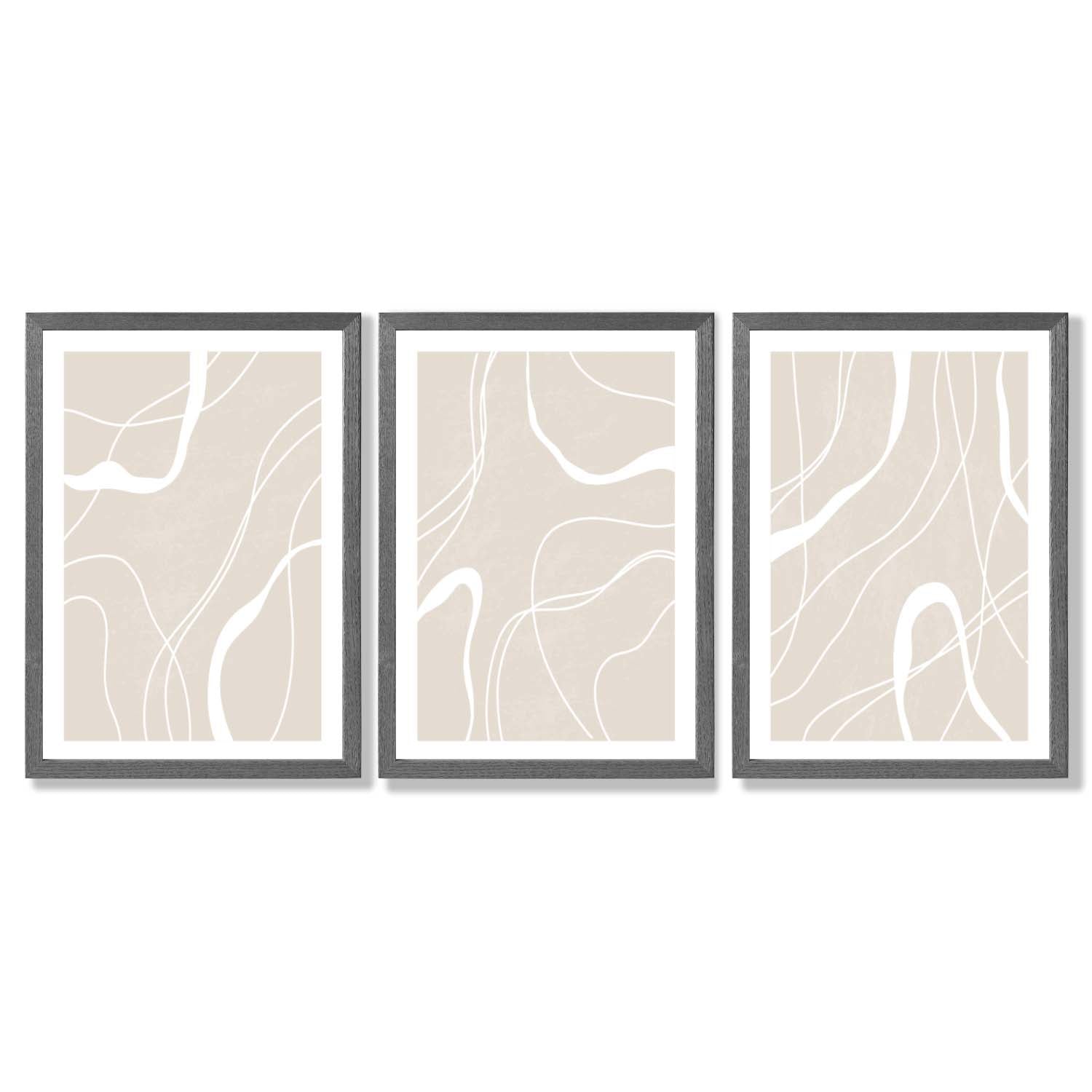 Set of 3 Abstract Neutral Beige Framed Art Prints with Dark Grey Wooden Frames