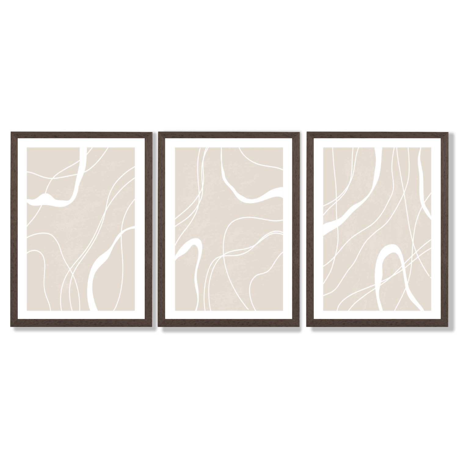 Set of 3 Abstract Neutral Beige Framed Art Prints with Dark Wood Frames