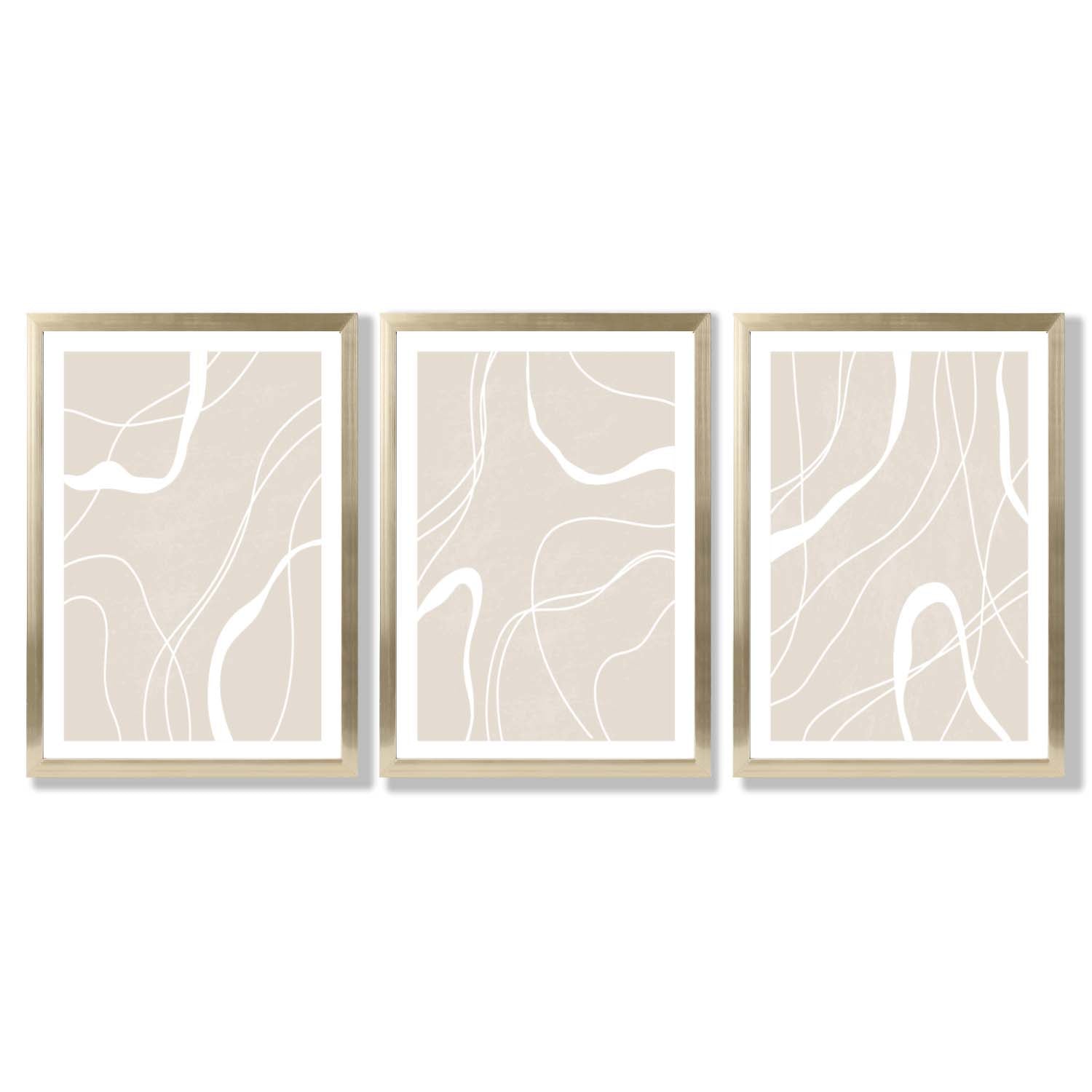Set of 3 Abstract Neutral Beige Framed Art Prints with Gold Wood Frames
