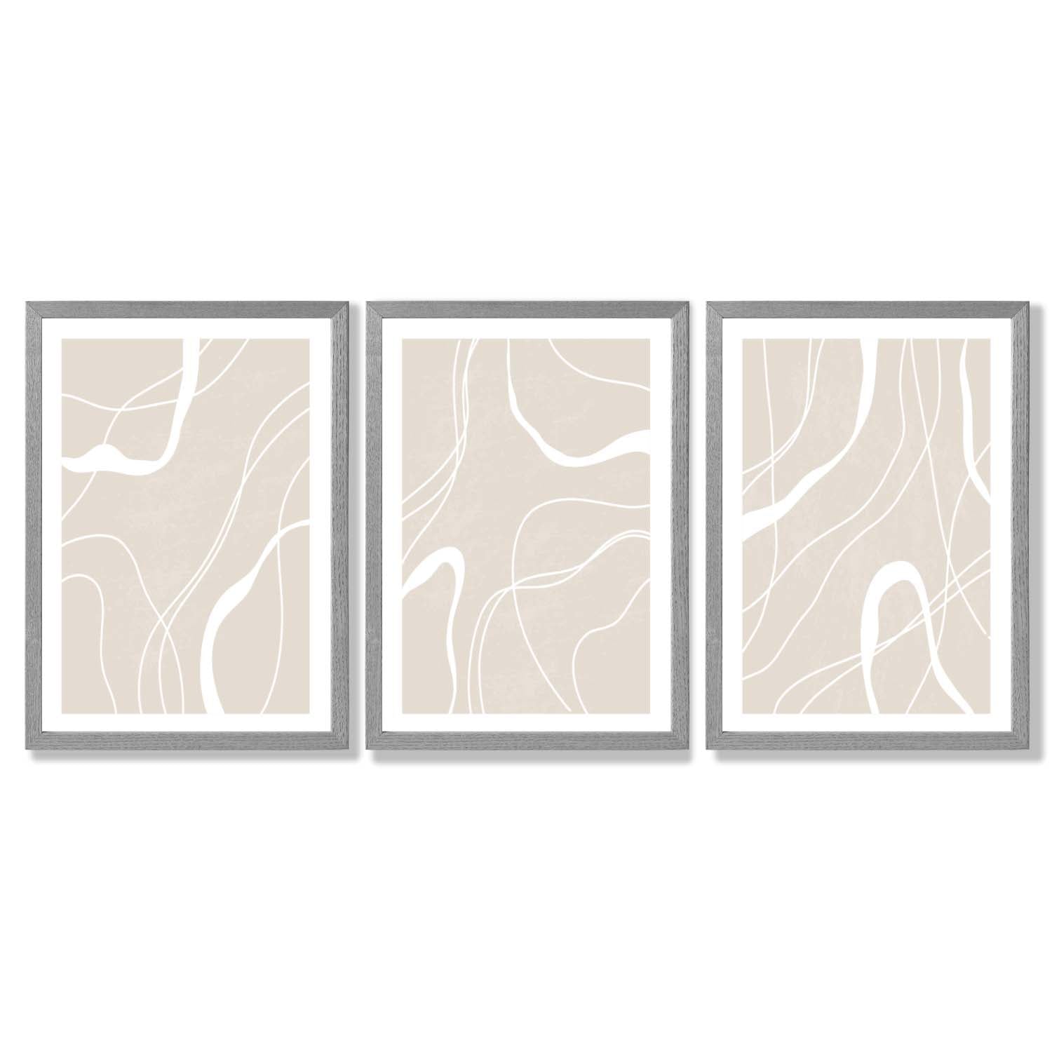 Set of 3 Abstract Neutral Beige Framed Art Prints with Light Grey Wooden Frames