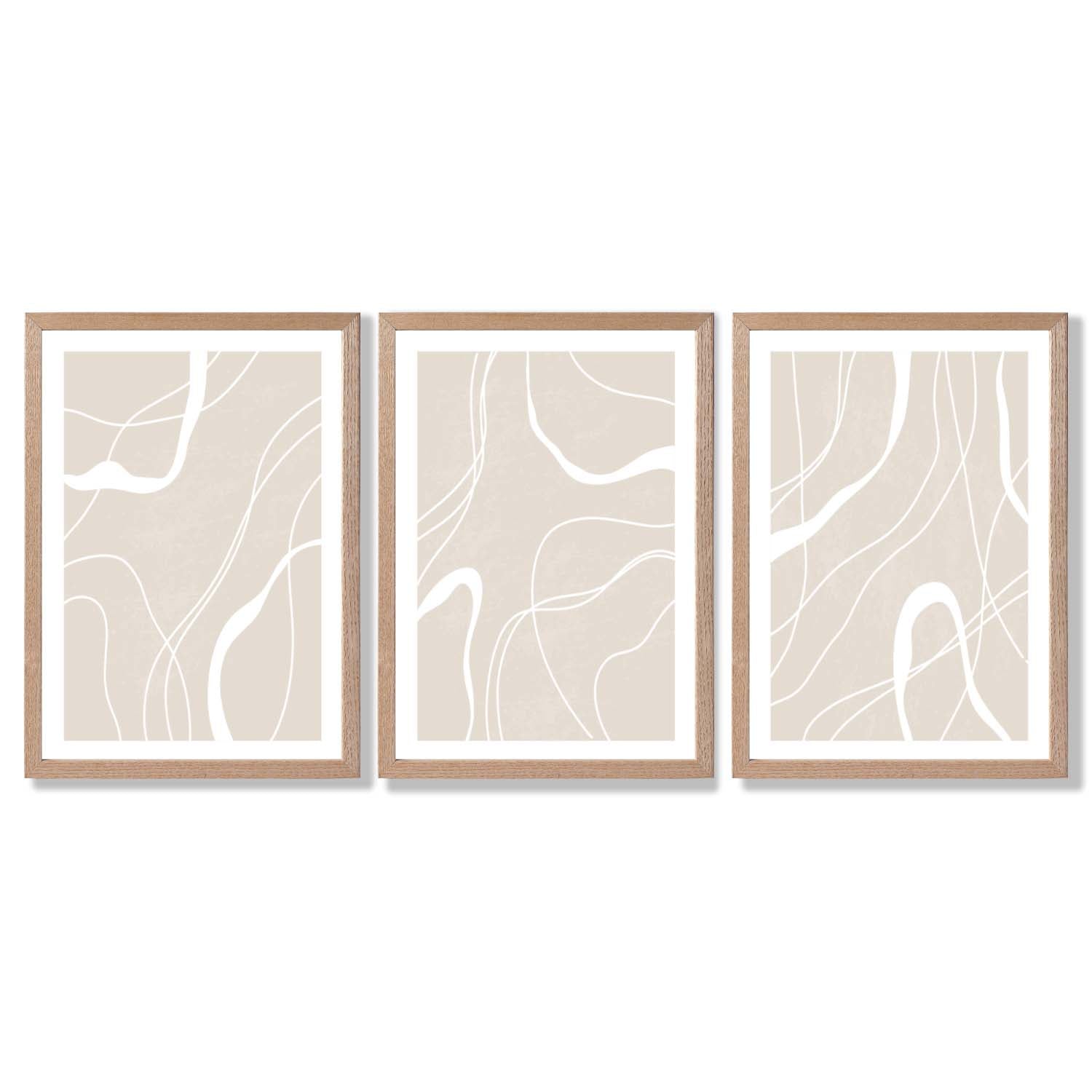 Set of 3 Abstract Neutral Beige Framed Art Prints with Light Oak Frames