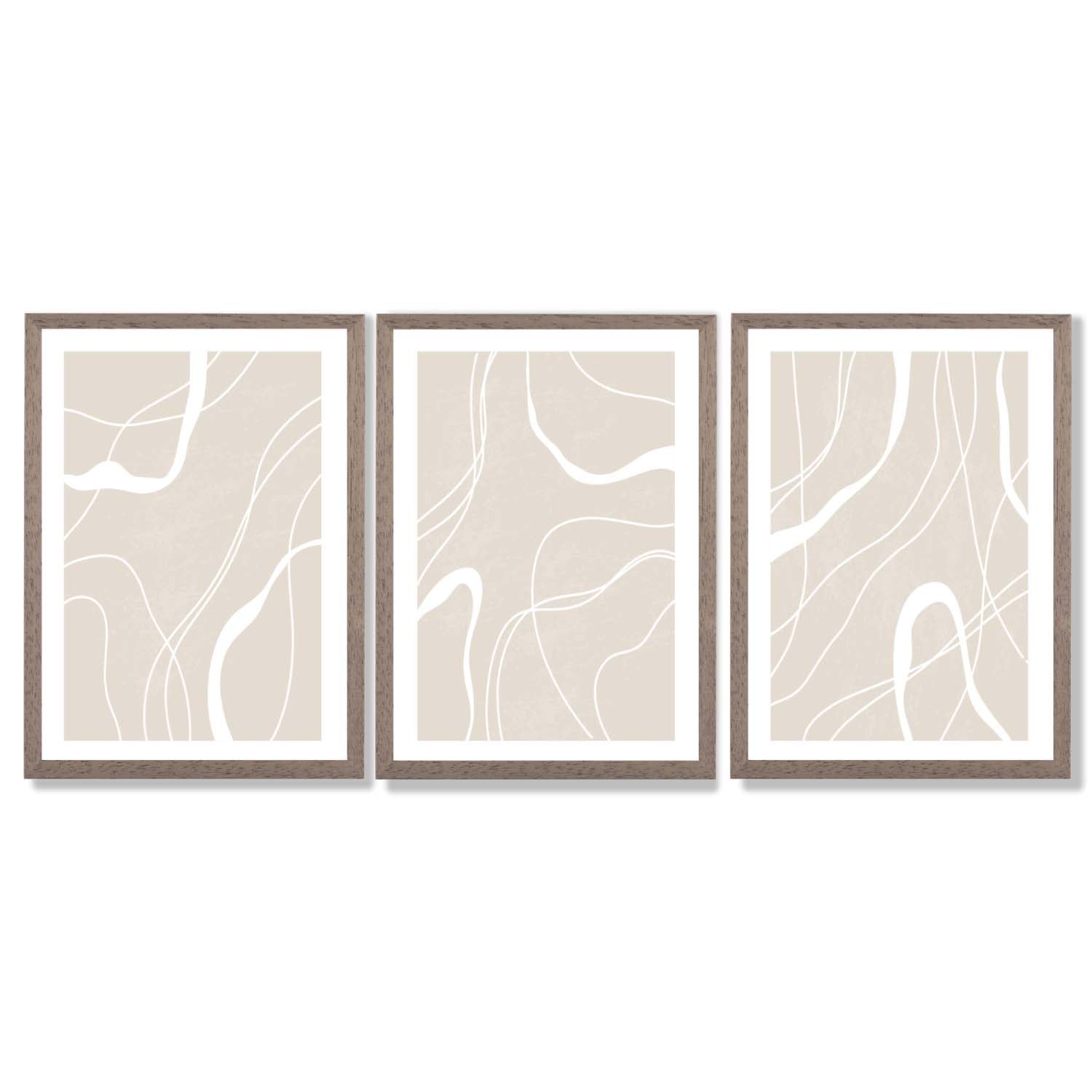 Set of 3 Abstract Neutral Beige Framed Art Prints with Light Walnut Frames