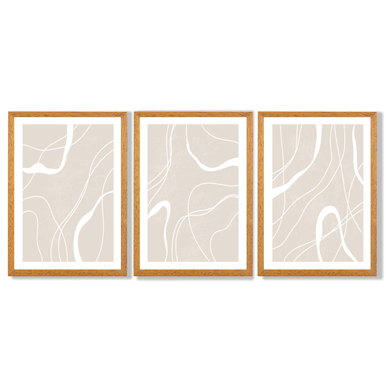 Set of 3 Abstract Neutral Beige Framed Art Prints with Oak Wooden Frames