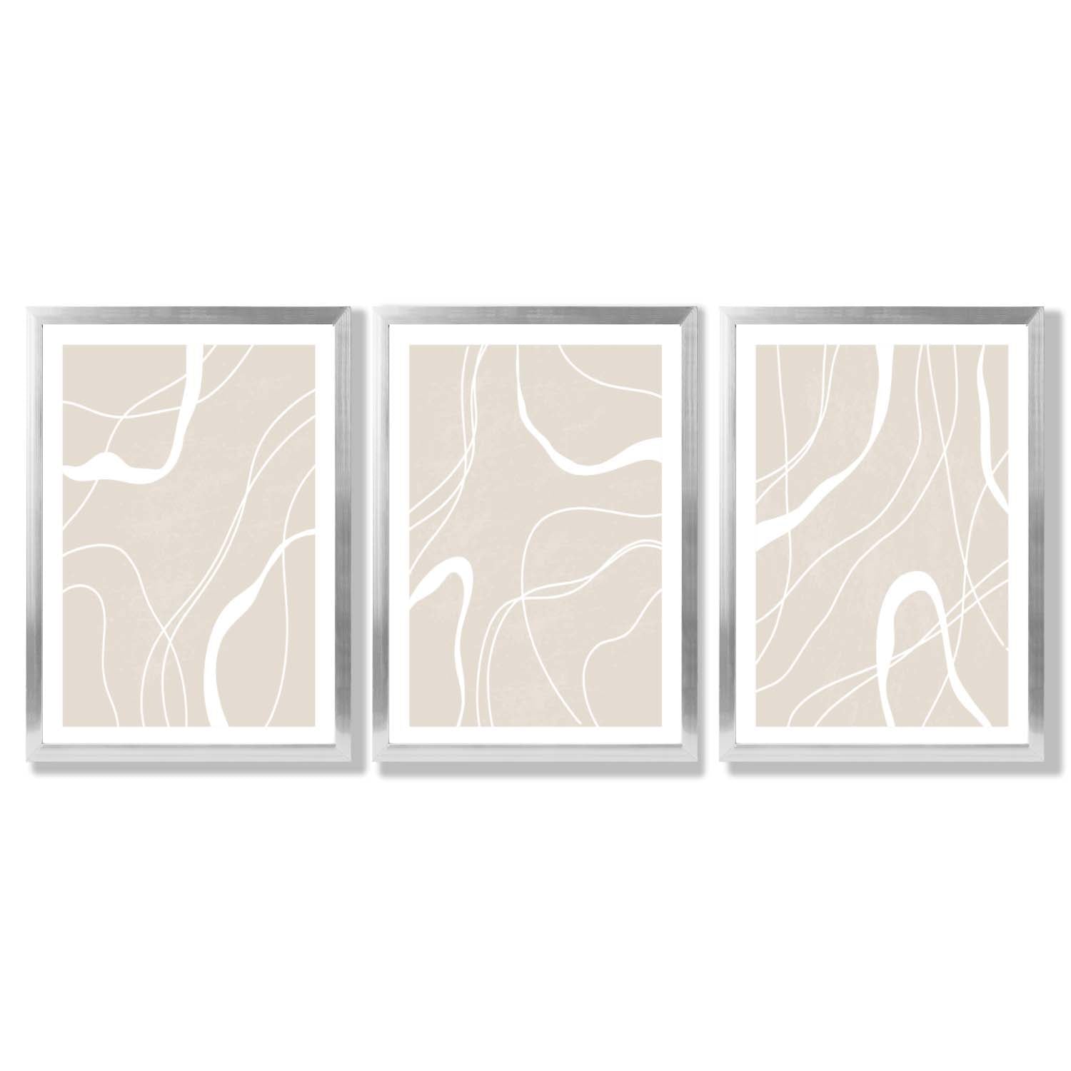 Set of 3 Abstract Neutral Beige Framed Art Prints with Silver Wood Frames