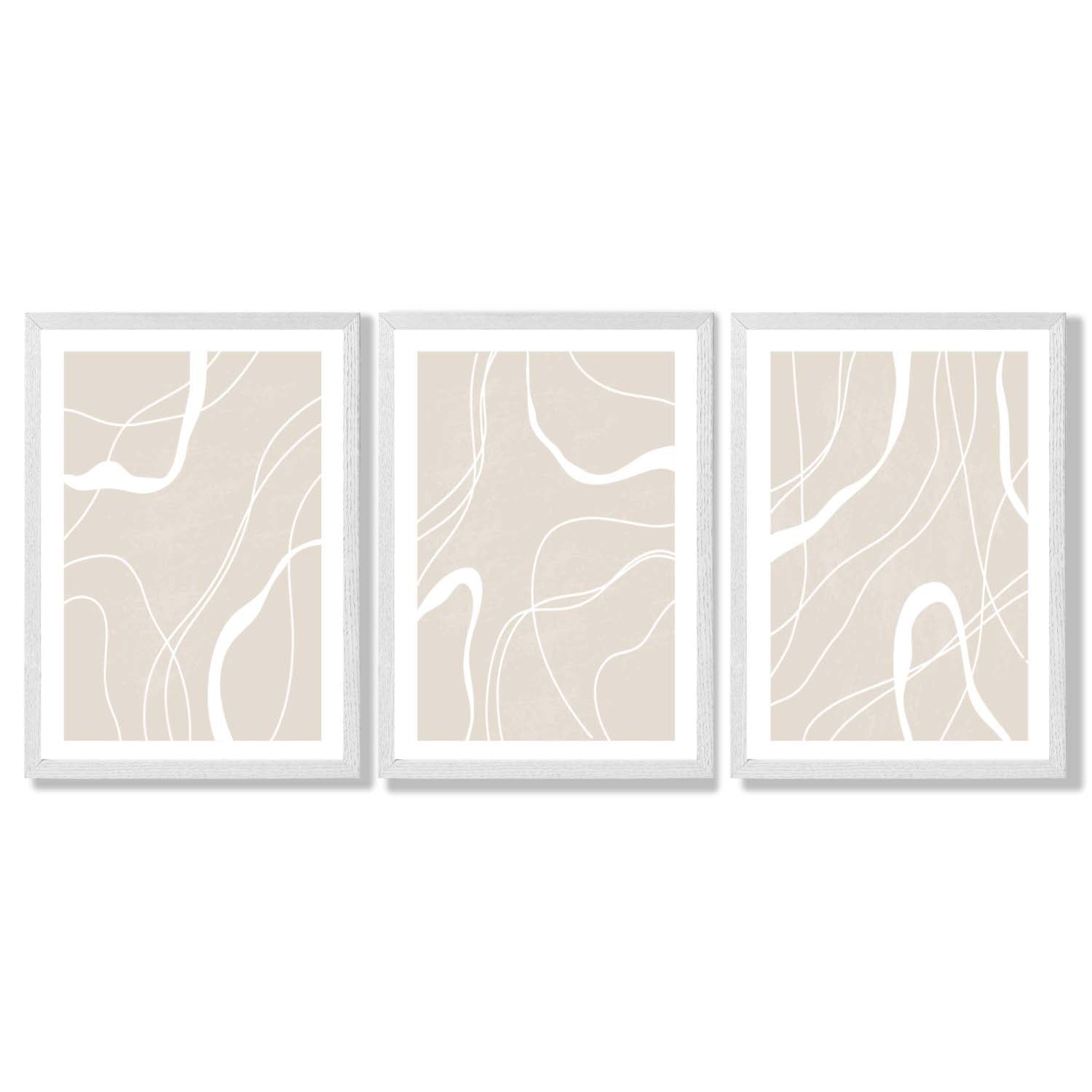 Set of 3 Abstract Neutral Beige Framed Art Prints with White Wooden Frames
