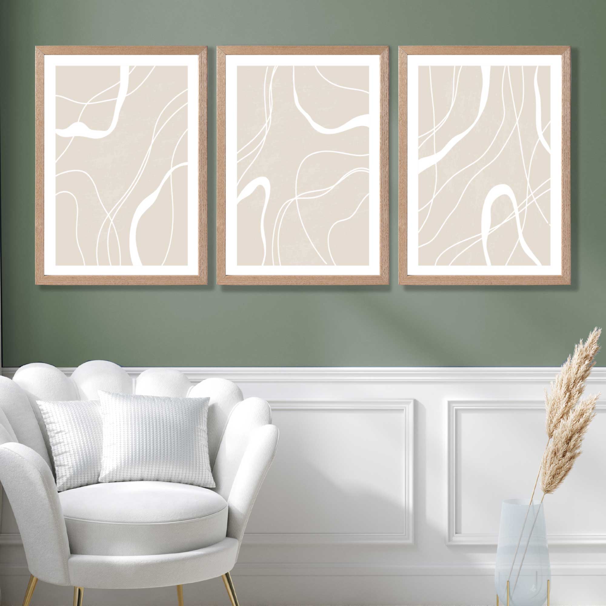 Set of 3 Abstract Neutral Beige Art Prints in Luxury Frames | Artze UK