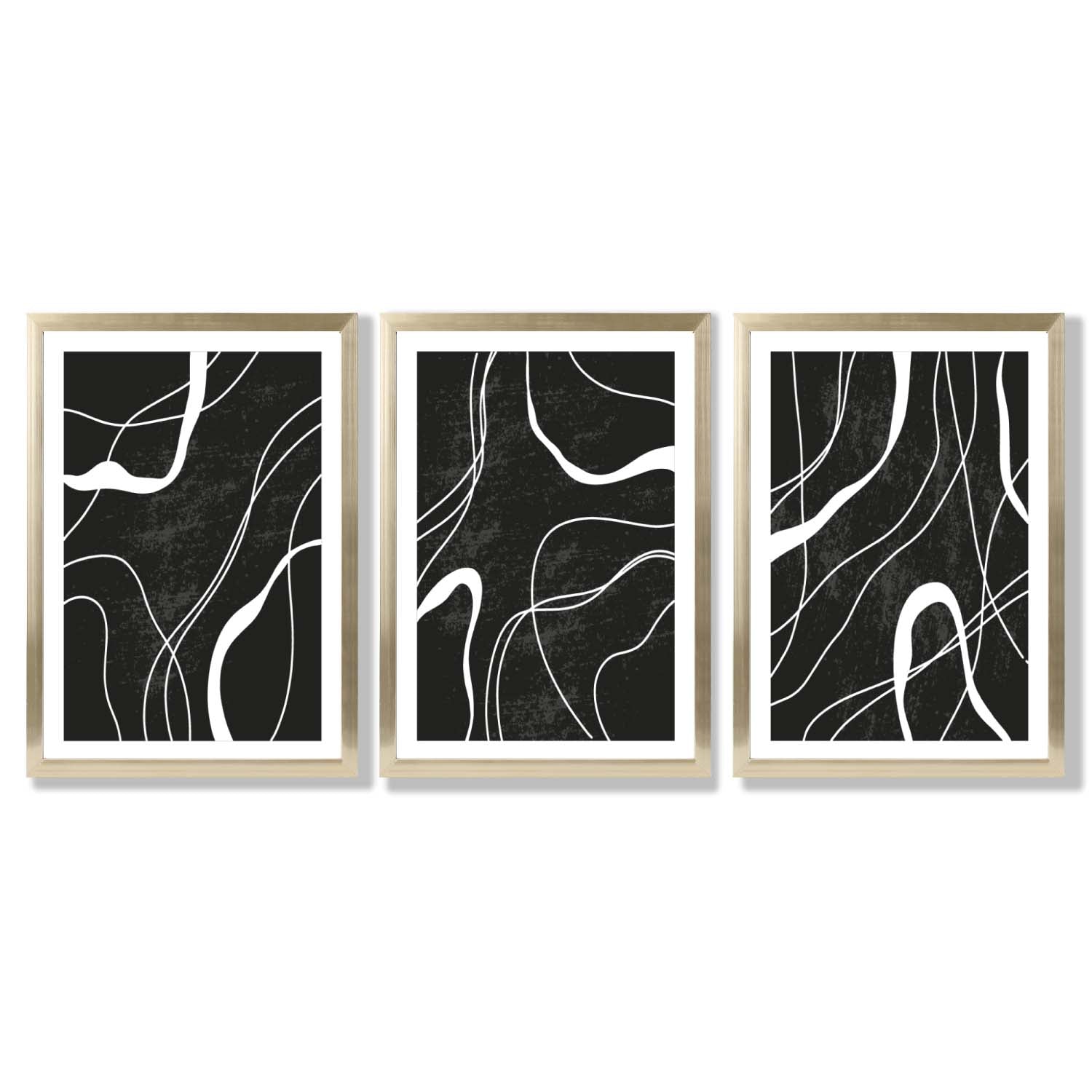 Set of 3 Abstract Black and White Framed Art Prints with Gold Wood Frames